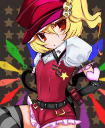 Rule 34 | 1girl, alternate costume, alternate headwear, arm behind back, bad id, bad pixiv id, belt, black gloves, blonde hair, brown background, buckle, elbow gloves, female focus, flandre scarlet, frilled shorts, frills, gloves, hair between eyes, hair ornament, hat, head tilt, heart, looking at viewer, no nose, one side up, puffy short sleeves, puffy sleeves, red eyes, red hat, red shorts, short shorts, short sleeves, shorts, skull hair ornament, solo, star (symbol), starry background, striped clothes, striped thighhighs, tetsubuta, thighhighs, touhou, wing collar, wings