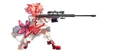 Rule 34 | 1girl, anti-materiel rifle, barrett m82, bow, bubble skirt, commentary, dethmaid, dress, full body, gloves, gun, hair bow, highres, kaname madoka, kneeling, magical girl, mahou shoujo madoka magica, mahou shoujo madoka magica (anime), on one knee, pink dress, pink hair, puffy short sleeves, puffy sleeves, red bow, red footwear, rifle, shoes, short sleeves, short twintails, simple background, skirt, sniper rifle, socks, solo, twintails, weapon, white background, white gloves, white skirt, white sleeves, white socks