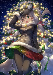 Rule 34 | 10s, 1girl, animal ears, antlers, bag, black coat, black gloves, black mittens, black pantyhose, breasts, christmas, christmas tree, coat, commentary request, deer ears, fur trim, gloves, green eyes, green ribbon, grey hair, guchico, hair ribbon, hand up, heterochromia, horns, kemono friends, long sleeves, looking at viewer, low twintails, medium breasts, miniskirt, mittens, multicolored clothes, multicolored skirt, night, night sky, open mouth, outdoors, pantyhose, red eyes, red ribbon, reindeer (kemono friends), reindeer antlers, ribbon, sack, shoulder bag, skirt, sky, smile, snowing, solo, twintails, winter