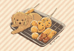 Rule 34 | animal focus, dog, food, food focus, grill, mojacookie, no humans, poodle, signature, stick, striped, striped background, twitter username