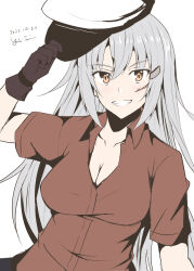 Rule 34 | 1girl, black gloves, breasts, cleavage, facial scar, gangut (kancolle), gangut dva (kancolle), gloves, grey hair, grin, hat, highres, holding, holding clothes, holding hat, kantai collection, large breasts, long hair, looking at viewer, one-hour drawing challenge, peaked cap, red shirt, scar, scar on cheek, scar on face, shirt, short sleeves, simple background, smile, solo, taira yuuki, upper body, white background