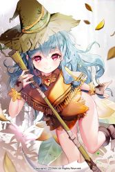 Rule 34 | 1girl, blue hair, boots, breasts, broom, cleavage, dress, gio (maroon0924), gloves, hat, leaf, looking at viewer, poncho, red eyes, solo, sword girls, witch, witch hat