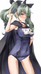 Rule 34 | 10s, 1girl, anchovy (girls und panzer), armpits, black cape, black ribbon, blue one-piece swimsuit, blush, breasts, cape, capelet, closed mouth, cowboy shot, drill hair, flower, from side, girls und panzer, green hair, grey hair, hair between eyes, hair flower, hair ornament, hair ribbon, half-closed eyes, hand on own hip, hands up, large breasts, legs apart, long hair, looking at viewer, name tag, old school swimsuit, one-piece swimsuit, orange eyes, red eyes, ribbon, school swimsuit, simple background, solo, standing, swimsuit, twin drills, twintails, v-shaped eyebrows, white background, yohane