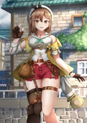 Rule 34 | 1girl, absurdres, atelier (series), atelier ryza, atelier ryza 2, barettoarts, belt, brown belt, bush, cloud, cloudy sky, dated, gloves, highres, jacket, key, key necklace, leather, leather belt, leather gloves, necklace, outdoors, partially fingerless gloves, pouch, red shorts, reisalin stout, short shorts, shorts, signature, single sidelock, single thighhigh, skindentation, sky, sleeveless, sleeveless jacket, solo, stone building, stone wall, thick thighs, thigh strap, thighhighs, thighs, wall, white headwear, window, yellow jacket