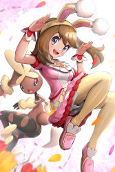 Rule 34 | 1girl, :d, absurdres, animal ears, blurry, breasts, brown hair, cherry blossoms, creatures (company), depth of field, dress, fake animal ears, falling petals, floating hair, flower, frilled dress, frills, game freak, gen 4 pokemon, gonzarez, grey eyes, hands up, highres, knees up, long hair, lopunny, may (pokemon), may (spring 2021) (pokemon), mega lopunny, mega pokemon, nintendo, official alternate costume, open mouth, pantyhose, petals, pink dress, pink footwear, pokemon, pokemon (creature), pokemon masters ex, rabbit ears, rabbit pose, shoes, shorts, shorts under dress, smile, white shorts, wrist cuffs, yellow pantyhose