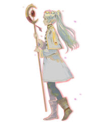 Rule 34 | 1girl, absurdres, black pantyhose, boots, brown footwear, capelet, dress, earrings, elf, flower wreath, frieren, from side, full body, green eyes, grey hair, highres, holding, holding staff, jewelry, long hair, long sleeves, looking ahead, pantyhose, petals, pointy ears, profile, qianyu rainz, simple background, solo, sousou no frieren, staff, striped clothes, striped dress, twintails, white background, white capelet, white dress, wind