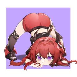 Rule 34 | 1girl, absurdres, arknights, black shirt, chinese commentary, commentary request, demon horns, hair intakes, highres, horns, jack-o&#039; challenge, kneehighs, long hair, official alternate costume, purple eyes, red hair, red skirt, shirt, skirt, socks, solo, surtr (arknights), surtr (liberte echec) (arknights), tabayashi