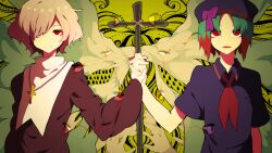 Rule 34 | 2boys, bow, collared shirt, commentary request, cross, cross necklace, expressionless, green hair, hair over one eye, hat, holding hands, jewelry, kazehiki (utau), light brown hair, male focus, multicolored hair, multiple boys, neckerchief, necklace, parted lips, red eyes, red hair, red neckerchief, shirt, shitoo, short hair, suranki, two-tone hair, utau
