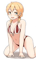 Rule 34 | 10s, 1girl, :d, alternate costume, bikini, blonde hair, blue eyes, blush, breasts, cleavage, kantai collection, long hair, open mouth, prinz eugen (kancolle), red bikini, satsuki neko, shadow, simple background, smile, solo, striped bikini, striped clothes, swimsuit, twintails, underboob, white background