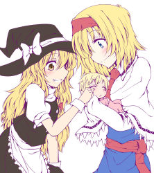 Rule 34 | 2girls, alice margatroid, baby, baby carry, blonde hair, blue eyes, blush, carrying, chata maru (irori sabou), closed eyes, female focus, hat, if they mated, kirisame marisa, long hair, mother and daughter, multiple girls, simple background, smile, touhou, white background, witch hat, yellow eyes, yuri