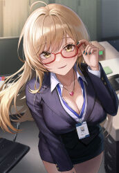 Rule 34 | 1girl, black nails, black skirt, blonde hair, blush, breasts, cleavage, collar, formal, heart pendant, highres, id card, indoors, lanyard, large breasts, long hair, looking at viewer, monitor, mookyuu9, nail polish, office, office lady, open mouth, original, pencil skirt, red-framed eyewear, shirt, skirt, skirt suit, smile, suit, white shirt, yellow eyes