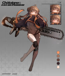 Rule 34 | 1girl, absurdres, ahoge, black jacket, blush, bodysuit, breasts, brown bodysuit, brown eyes, brown hair, canizzz, chainsaw, closed mouth, color guide, commentary request, covered navel, cropped jacket, double bun, full body, grey background, hair bun, hand up, highres, holding, jacket, knee pads, korean commentary, legs, long hair, long sleeves, looking at viewer, multiple views, no shoes, original, puffy long sleeves, puffy sleeves, ringed eyes, single leg bodysuit, sleeves past wrists, small breasts, thighhighs, twintails, underboob, very long hair, white thighhighs