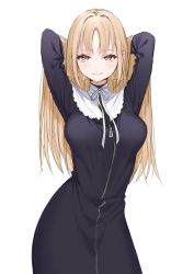 Rule 34 | 1girl, black dress, blush, breasts, brown eyes, capelet, dress, eyelashes, gloves, hair raising, hands in hair, hands up, highres, light brown hair, lips, looking at viewer, medium breasts, nao 0829 17, nijisanji, nun, parted bangs, ribbon, sister claire, sister claire (1st costume), smile, solo, traditional nun, virtual youtuber, white background, white capelet, white gloves, white ribbon, zipper pull tab
