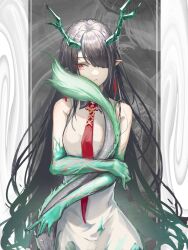 Rule 34 | 1girl, absurdres, aki9615, arknights, arm tattoo, black hair, china dress, chinese clothes, dragon girl, dragon horns, dragon tail, dress, dusk (arknights), hair over one eye, highres, holding, horns, necktie, one eye covered, red eyes, red necktie, solo, tail, tattoo, white dress