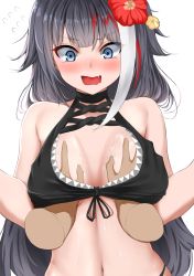 Rule 34 | 1girl, @ @, azur lane, bare arms, bare shoulders, bikini, bikini top only, black bikini, black hair, blue eyes, blush, grabbing another&#039;s breast, breasts, cleavage cutout, clothing cutout, commentary request, deutschland (azur lane), deutschland (service time?!) (azur lane), disembodied hand, embarrassed, fang, flower, flying sweatdrops, grabbing, hibiscus, highres, isobe eiji, long hair, looking down, medium breasts, multicolored hair, navel, nose blush, red flower, red hair, shiny skin, sidelocks, simple background, skin fang, solo focus, streaked hair, swimsuit, tears, upper body, white background, white hair