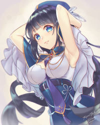 Rule 34 | 1girl, armpits, arms behind head, arms up, artist name, belt, belt buckle, beret, between breasts, black hair, blue eyes, blue hat, blue necktie, blue skirt, blunt bangs, blush, breasts, brooch, buckle, capelet, character request, cleavage, closed mouth, commentary request, crash fever, dated, dutch angle, gem, hat, hat feather, high-waist skirt, jewelry, long hair, looking at viewer, medium breasts, necktie, necktie between breasts, red gemstone, skirt, sleeveless, smile, solo, tareme, tenjou tsuki, upper body, very long hair, white capelet