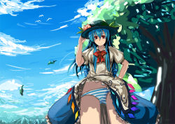 Rule 34 | 1girl, bad id, bad pixiv id, blue hair, female focus, food, fruit, hat, hinanawi tenshi, lion (artist), lion (enkifield), long hair, nature, outdoors, panties, peach, red eyes, sky, solo, striped clothes, striped panties, touhou, underwear
