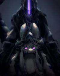 Rule 34 | 1boy, 1other, animal ears, blurry, bondrewd, cape, commentary request, depth of field, ears through headwear, furry, glowing, glowing eyes, height difference, helm, helmet, highres, looking at viewer, made in abyss, marudoll, nanachi (made in abyss), pink eyes, rabbit ears, short hair with long locks, sidelocks, solo focus, straight-on, topless, whiskers, white hair