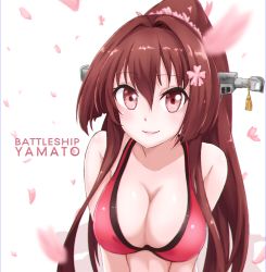 Rule 34 | 10s, 1girl, bikini, bikini top only, breasts, brown eyes, brown hair, character name, cherry blossoms, cleavage, flower, fmg, hair flower, hair ornament, highres, kantai collection, large breasts, long hair, looking at viewer, petals, ponytail, smile, solo, swimsuit, very long hair, yamato (kancolle)