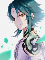 Rule 34 | 1boy, absurdres, bead necklace, beads, black hair, closed mouth, detached sleeves, diamond-shaped pupils, diamond (shape), facial mark, forehead mark, from side, genshin impact, green hair, highres, jewelry, long hair, looking at viewer, male focus, multicolored hair, necklace, parted bangs, sa fest, shoulder pads, shoulder spikes, simple background, solo, spikes, symbol-shaped pupils, tassel, white background, xiao (genshin impact), yellow eyes