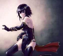 Rule 34 | 1girl, bad id, bad pixiv id, black eyes, black hair, breasts, china dress, chinese clothes, dress, elbow gloves, fighting stance, gloves, hair ornament, hairpin, highres, mstm, original, short hair, side slit, sideboob, solo, thighhighs