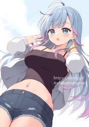 Rule 34 | 1girl, :o, ahoge, bare shoulders, black shirt, blue eyes, blue hair, blue shorts, breasts, camisole, character request, check character, commission, cowboy shot, crop top, cutoffs, denim, denim shorts, earrings, gradient hair, hands up, highres, indie virtual youtuber, jacket, jewelry, large breasts, long sleeves, midriff, multicolored hair, navel, necklace, off shoulder, open clothes, open jacket, open mouth, setsuna meguri, shirt, short shorts, shorts, sleeveless, sleeveless shirt, solo, spaghetti strap, standing, stomach, taut clothes, taut shirt, thighs, torn clothes, torn shorts, uramakaron, virtual youtuber, white jacket