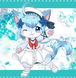 Rule 34 | 1girl, akurara (cat busters), artist request, blue eyes, blue hair, cat, cat busters, furry, furry female, highres, open mouth, short hair, solo