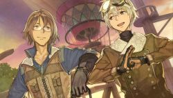 Rule 34 | 10s, 2boys, :d, aircraft, atelier (series), atelier escha &amp; logy, awin sidelet, black gloves, brown eyes, brown hair, coat, double-breasted, dutch angle, game cg, glasses, gloves, goggles, goggles on head, hidari (left side), hot air balloon, jacket, logix ficsario, male focus, multiple boys, official art, open mouth, rimless eyewear, short hair, smile, upper body, vest, white hair