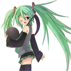 Rule 34 | 1girl, blush, carrying, detached sleeves, green eyes, green hair, hatsune miku, long hair, matching hair/eyes, mitsuki yuuya, musical note, one eye closed, open mouth, simple background, skirt, smile, solo, thighhighs, twintails, very long hair, vocaloid, white background, wink