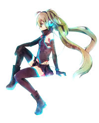 Rule 34 | bad id, bad pixiv id, boots, elbow gloves, full body, gloves, green hair, hatsune miku, headphones, highres, long hair, profile, simple background, sitting, skirt, solo, thighhighs, twintails, very long hair, vocaloid, zombie neko