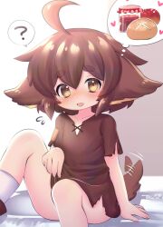 Rule 34 | ?, ahoge, animal ears, apple, arm support, artist name, blush, bread, brown hair, chaiko (chaikodog), collarbone, dot nose, feet out of frame, food, fruit, hair between eyes, heart, highres, jam, looking at viewer, medium hair, open mouth, original, racal ra, sitting, solo, speech bubble, spoken question mark, tail, tail wagging, tareme, thick eyebrows, twitter username