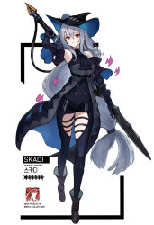 Rule 34 | 1girl, arknights, arm strap, armpit crease, armpits, ascot, bare shoulders, beruko14, black ascot, black coat, black gloves, black hat, black pants, black shirt, black sleeves, boots, breasts, brown footwear, buttons, character name, chest strap, clothing cutout, coat, commentary request, cross-laced footwear, detached sleeves, fish, floating hair, flying fish, full body, gloves, grey hair, hair between eyes, hair flowing over, hair tie, hand up, hat, high collar, highres, holding, holding sword, holding weapon, invisible floor, korean commentary, korean text, layered sleeves, leg up, long hair, long sleeves, looking at viewer, low-tied long hair, medium breasts, multiple thigh straps, official alternate costume, pants, parted lips, pleated sleeves, red eyes, serious, shadow, shirt, shirt tucked in, sidelocks, simple background, skadi (arknights), skadi (elite ii) (arknights), sleeveless, sleeveless coat, sleeveless shirt, solo, standing, standing on one leg, star (symbol), straight hair, sword, sword behind back, teeth, thigh cutout, thigh strap, translation request, two-sided coat, two-sided fabric, two-sided headwear, underbust, very long hair, walking, weapon, white background, wide sleeves