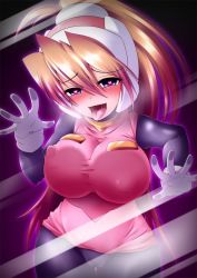 Rule 34 | 1girl, alternate breast size, blonde hair, blue eyes, bodysuit, breast press, breasts, capcom, ciel (mega man), covered erect nipples, female focus, gloves, heart, heart-shaped pupils, large breasts, mega man (series), mega man zero (series), open mouth, semikichi, solo, standing, symbol-shaped pupils, tongue, tongue out, white gloves