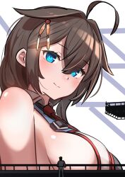 Rule 34 | 1boy, 1girl, admiral (kancolle), ahoge, black hair, blush, breasts, closed mouth, collar, giant, giantess, hair between eyes, hair ornament, highres, kantai collection, large breasts, long hair, looking at viewer, natsukaze shigure, necktie, red necktie, sailor collar, shigure (kancolle), shigure kai san (kancolle), size difference, smile, solo, two-tone dress