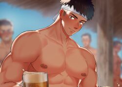 Rule 34 | 4boys, abs, alcohol, bara, barbell piercing, beer, blush, cup, gyaran do69, headband, highres, large pectorals, looking at another, looking at viewer, male focus, mug, multiple boys, muscular, muscular male, nipple piercing, nipples, nude, original, pectorals, piercing, short hair, sideburns, smile, solo focus, thick eyebrows, white headband, yaoi