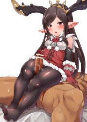 Rule 34 | 10s, 1boy, 1girl, antlers, arulumaya, bar censor, blush, breath, brown hair, censored, christmas, feet, fur trim, gloves, granblue fantasy, harvin, hetero, horns, long hair, mole, mole under eye, mushi024, no shoes, open mouth, pantyhose, penis, pointy ears, reindeer antlers, shiny clothes, solo focus, sweat, thick thighs, thigh sex, thighs, tiara, toes