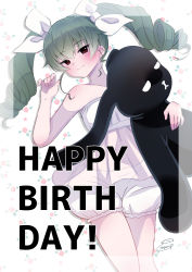 Rule 34 | 1girl, absurdres, anchovy (girls und panzer), artist name, blush, brown eyes, commentary, drill hair, english text, from above, girls und panzer, girls und panzer senshadou daisakusen!, green hair, hair ribbon, half-closed eyes, happy birthday, highres, holding, holding stuffed toy, itsumip, long hair, lying, official alternate costume, on back, oversized object, ribbon, see-through, shirt, shorts, signature, sleepwear, solo, strapless, strapless shirt, stuffed animal, stuffed rabbit, stuffed toy, twin drills, twintails, white ribbon, white shirt, white shorts