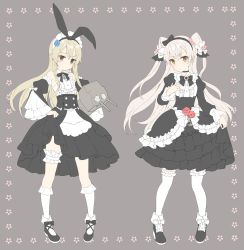 2girls absurdres alternate_costume amatsukaze_(kancolle) bad_id bad_twitter_id blonde_hair crossed_bangs footwear_bow full_body gothic_lolita grey_background grey_eyes hair_between_eyes hair_tubes highres innertube kantai_collection kneehighs lifebuoy lolita_fashion long_hair multiple_girls rensouhou-chan ribbon shimakaze_(kancolle) shiosoda silver_hair simple_background skirt_hold socks swim_ring thigh_strap thighhighs two_side_up