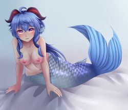 Rule 34 | 1girl, absurdres, ahoge, arm support, artist name, bare shoulders, bed, blue hair, bodice, breasts, cleavage, commentary, completely nude, crossed bangs, fins, full body, ganyu (genshin impact), genshin impact, goat horns, gold trim, hair between eyes, head fins, highres, horns, large breasts, long hair, looking at viewer, low ponytail, mermaid, monster girl, monsterification, nipples, nude, parted lips, purple eyes, scales, shadow, sidelocks, solo, split tail, teeth, upper teeth only, zephylyne
