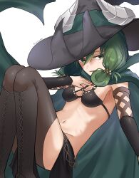 Rule 34 | 1girl, 2sirokma0930, absurdres, boots, breasts, cleavage, cloak, commentary request, cross-laced footwear, fake horns, freckles, green cloak, green eyes, green hair, hat, highres, horned headwear, horns, knee boots, knees up, lace-up boots, long hair, looking to the side, medium breasts, navel, red nails, simple background, smile, solo, thighhighs, twitter username, unicorn overlord, white background, witch hat, yahna (unicorn overlord)