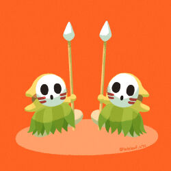 commentary_request dancing_spear_guy full_body grass_skirt highres holding holding_polearm holding_weapon leaf_(pixiv17652941) mario_(series) nintendo no_humans orange_background polearm simple_background spear super_mario_world_2:_yoshi&#039;s_island tribal twitter_username weapon white_mask