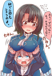 Rule 34 | 10s, 2girls, bad id, bad pixiv id, black hair, blue eyes, blush, breast envy, breast rest, breasts, breasts on head, brown hair, commentary request, flying sweatdrops, highres, kantai collection, large breasts, multiple girls, no headwear, no headwear, okuva, open mouth, short hair, takao (kancolle), translated, z1 leberecht maass (kancolle)
