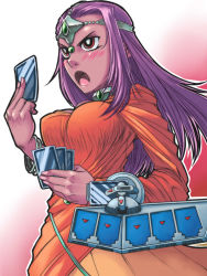 Rule 34 | 1girl, blush, card, chunsoft, circlet, crossover, dark-skinned female, dark skin, dragon quest, dragon quest iv, dress, duel, duel disk, enix, hat, holding, holding card, jewelry, long hair, lots of jewelry, minea (dq4), misonou hirokichi, parody, pile of cards, purple eyes, purple hair, red eyes, solo, tiara, yu-gi-oh!, yu-gi-oh! duel monsters, yu-gi-oh (card)