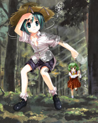 Rule 34 | 2girls, androgynous, antennae, ascot, bad id, bad pixiv id, butterfly net, chasing, female focus, flat chest, from below, green eyes, green hair, hand net, hat, highres, kazami yuuka, multiple girls, net, no bra, open clothes, open shirt, plaid, plaid skirt, plaid vest, red eyes, reverse trap, shirt, short hair, skirt, skirt set, sleeves rolled up, straw hat, touhou, umekichi, vest, wriggle nightbug