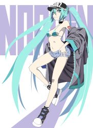 Rule 34 | 1girl, absurdres, aqua eyes, aqua hair, aqua nails, artist name, black hat, bra, breasts, choker, commentary, denim, denim shorts, grey jacket, grin, hat, hatsune miku, highres, jacket, leg up, long hair, looking at viewer, midriff, nail polish, navel, noagen, open clothes, open jacket, shoes, short shorts, shorts, shoulder tattoo, small breasts, smile, sneakers, solo, tattoo, twintails, underwear, very long hair, vocaloid, white background