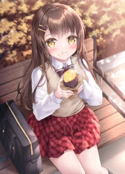 Rule 34 | 1girl, :i, black bow, black socks, blush, bow, breasts, brown hair, closed mouth, collared shirt, commentary request, day, feet out of frame, food, food on face, hair ornament, hairclip, highres, holding, holding food, kneehighs, kohinata hoshimi, long hair, long sleeves, looking at viewer, medium breasts, on bench, original, outdoors, plaid, plaid skirt, pleated skirt, puffy long sleeves, puffy sleeves, red skirt, roasted sweet potato, school uniform, shirt, sitting, skirt, socks, solo, sweater vest, sweet potato, very long hair, wavy mouth, white shirt, yellow eyes