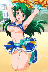 Rule 34 | 1girl, blush, bow, bow panties, breasts, breasts out, cheerleader, cropped shirt, day, green eyes, green hair, hairband, holding, holding pom poms, large breasts, lens flare, long hair, miniskirt, non-web source, official art, open mouth, outdoors, panties, photoshop (medium), pom pom (cheerleading), pom poms, shirt, shoko (super real mahjong), skirt, sleeveless, sleeveless shirt, solo, super real mahjong, sweat, tanaka ryou, underwear, white panties