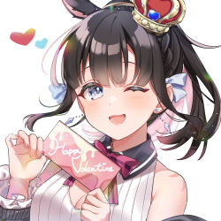 Rule 34 | 1girl, animal ears, anzu 1026, black hair, blue eyes, bow, bowtie, braid, breasts, cleavage cutout, clothing cutout, crown, earrings, hands up, happy valentine, heart, highres, indie virtual youtuber, jewelry, kuroto usami, medium breasts, medium hair, mini crown, one eye closed, open mouth, ponytail, smile, solo, upper body, virtual youtuber