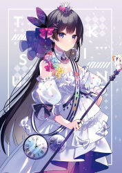Rule 34 | 1girl, bare shoulders, black hair, bow, clock, crescent, crescent earrings, detached sleeves, diamond (shape), dress, earrings, flower, hair bow, hair ornament, hairclip, highres, jewelry, long hair, looking at viewer, nijisanji, purple eyes, saine, sleeveless, smile, tsukino mito, virtual youtuber, wand, white sleeves, x hair ornament