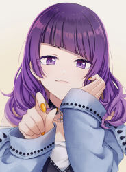 Rule 34 | 1girl, black choker, blue jacket, brown background, choker, closed mouth, diagonal bangs, gradient background, grey background, hands up, idolmaster, idolmaster shiny colors, jacket, long hair, long sleeves, looking at viewer, nail polish, off shoulder, open clothes, open jacket, orange nails, purple eyes, purple hair, sleeves past wrists, smile, solo, tanaka mamimi, tobade (tbdfactory), upper body